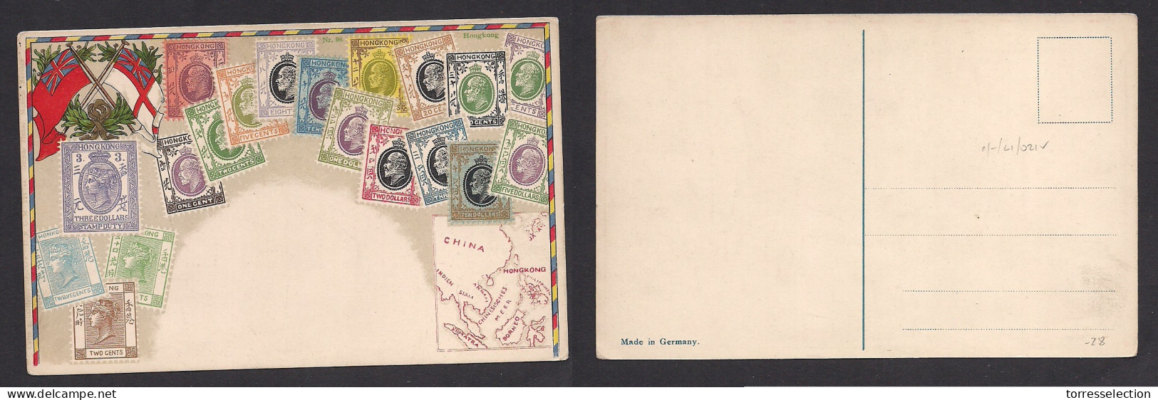 HONG KONG. C. 1902. Color Uncirculated HK Stamps Mint Postcard + Map. VF. - Other & Unclassified