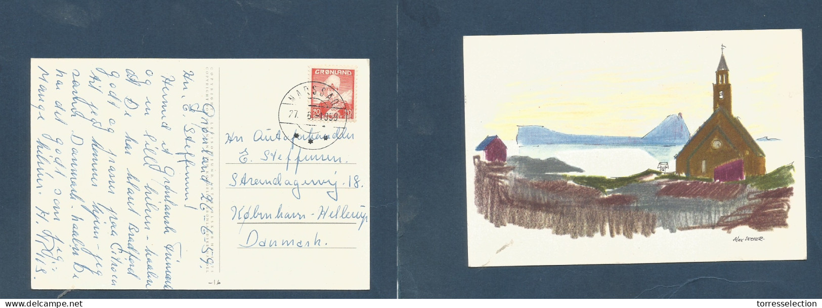 GREENLAND. 1959 (27 June) Narssao - Denmark, Cph. Fkd 20 Ore Illustrated Artist Card. Circulated. - Other & Unclassified