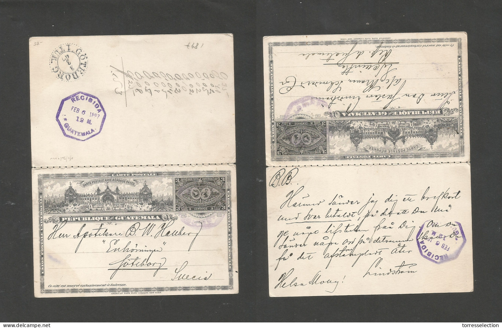 GUATEMALA. 1897 (6 Febr) GPO - Sweden, Goteborg (3 March) Doble Stat Card Used On Way Out. VF Usage. - Guatemala