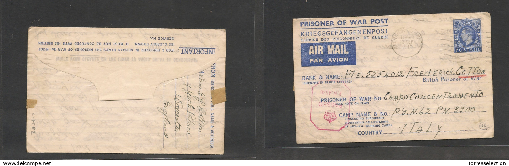 GREAT BRITAIN. Great Britan Cover 1943 Berwick To Italy Stat Lettersheet Censored POW British Soldier, Fine Cond. Easy D - ...-1840 Vorläufer