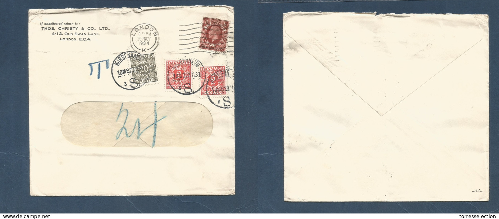 GREAT BRITAIN. 1934 (20 Nov) London - Denmark, Cph (23 Nov) 1 1/2d Fkd Comercial Envelope + Taxed By 3 Danish P. Dues Ti - ...-1840 Vorläufer