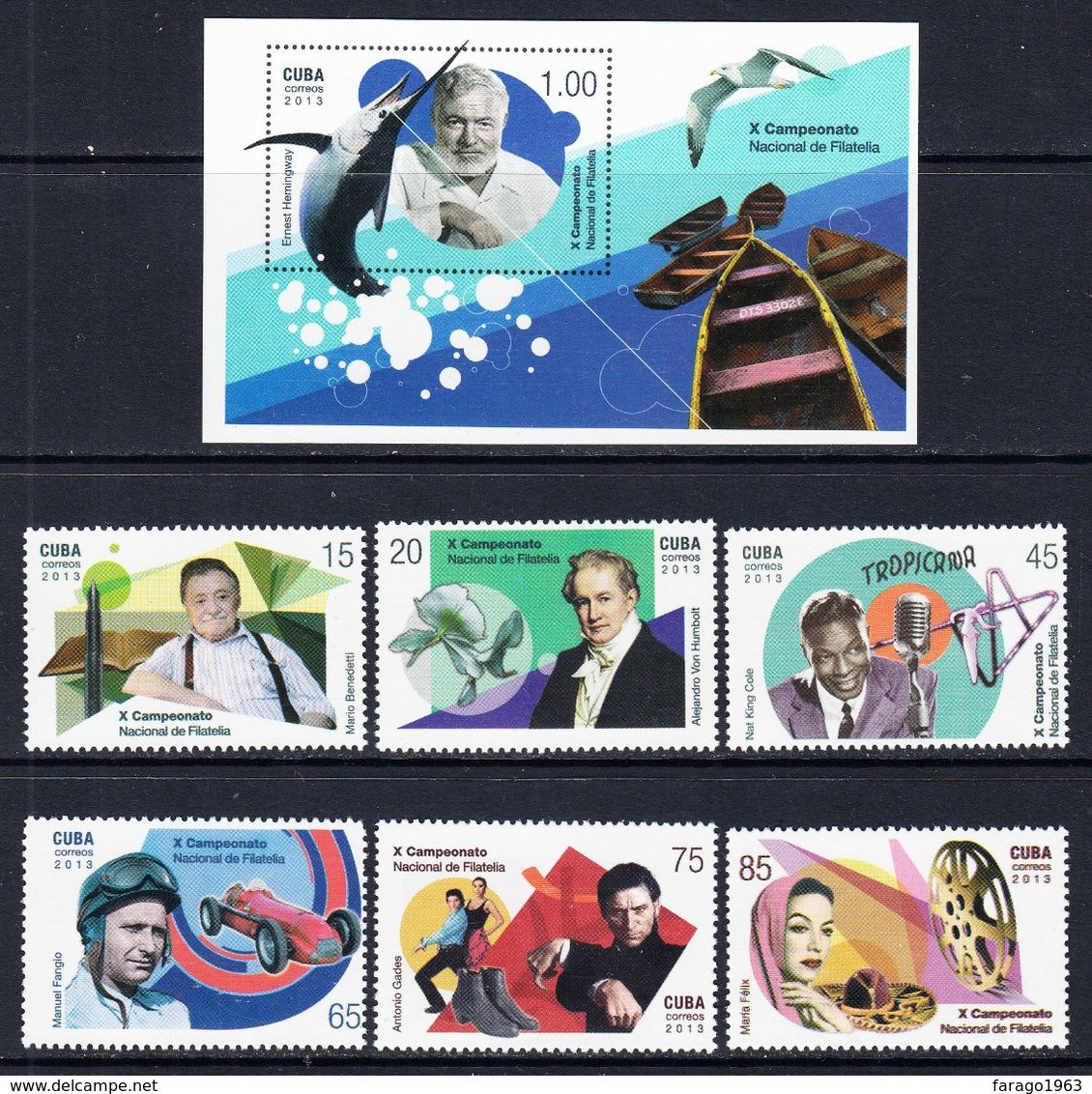 2013 Cuba Famous People Writers Music Film Hemingway Nat Cole  Complete Set Of 6 + Souvenir Sheet  MNH - Ongebruikt