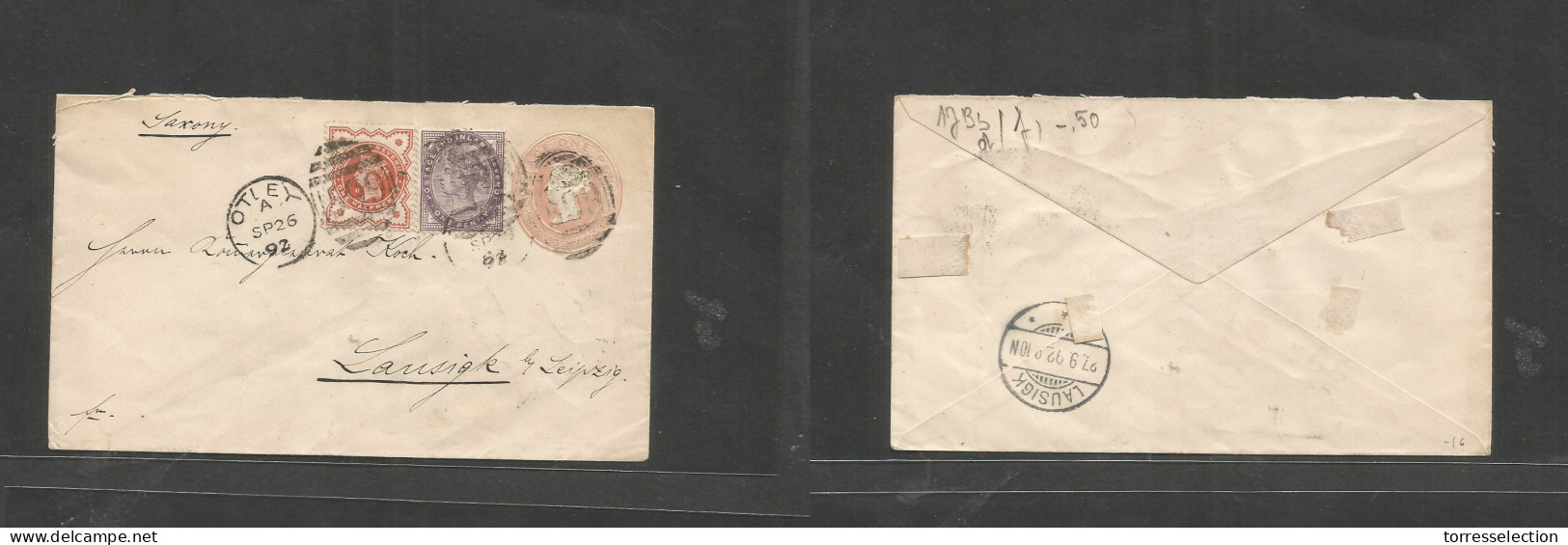 GREAT BRITAIN. 1892 (26 Sept) Otley - Germany, Lausigk (27 Sept) 1d Rose + 2 Adtls Stat Embossed QV Envelope, At 2 1/2d  - ...-1840 Vorläufer