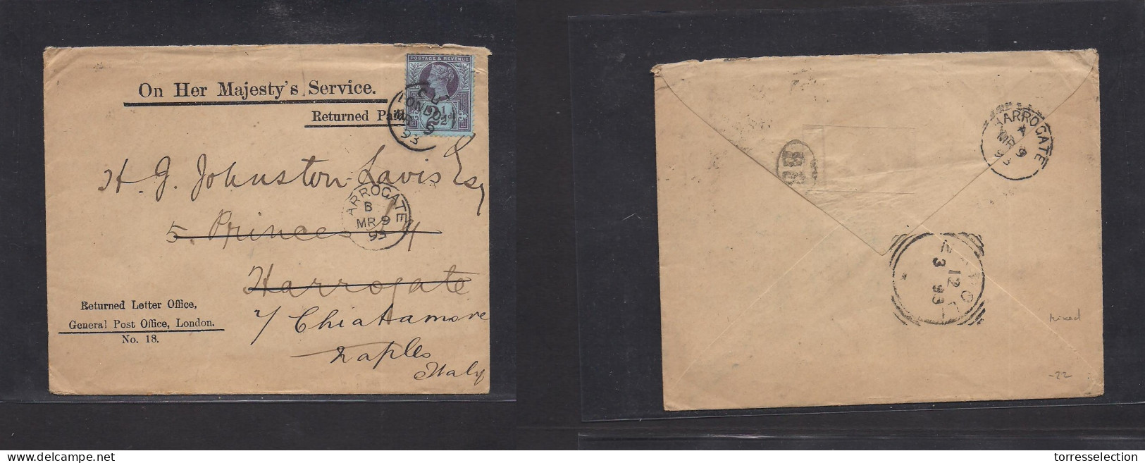 GREAT BRITAIN. 1893 (9 March) London - Harrogate Official Service Fkd 2 1/2d Stamp Sea Addressed To Italy, Naples, Mixed - ...-1840 Vorläufer