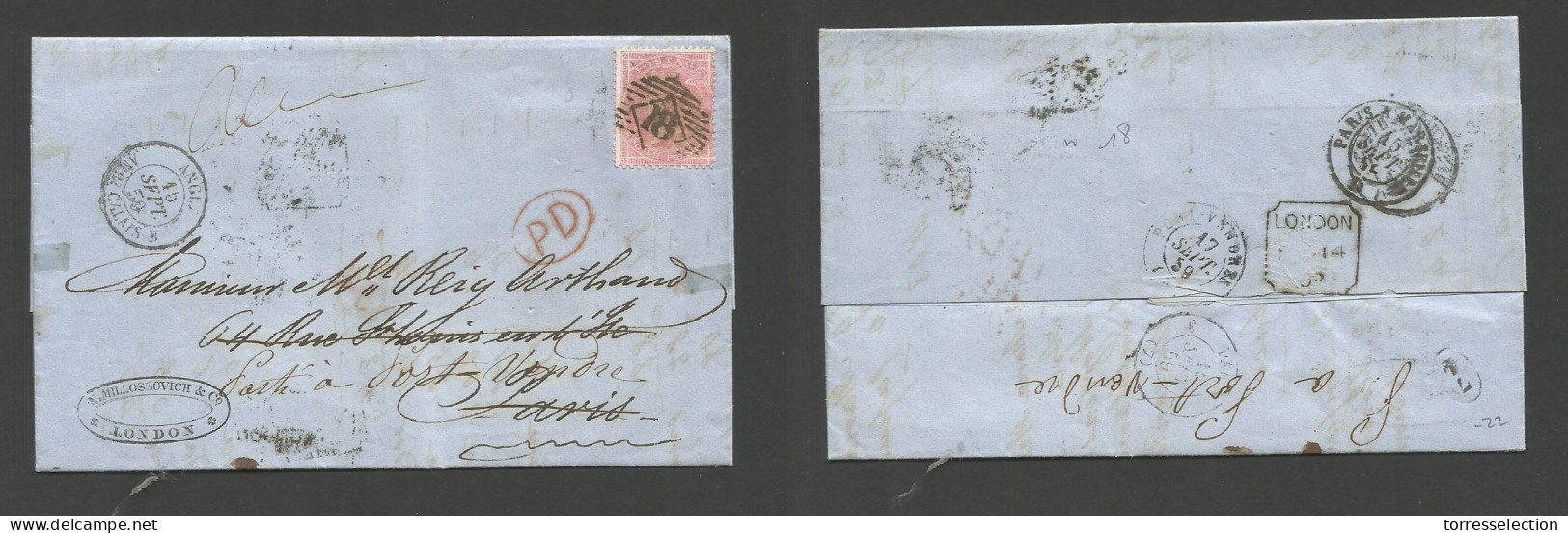 GREAT BRITAIN. 1859 (14 Sept) London - France, Paris, Fwded (17 Sept) EL With Text Fkd 4d Pale Rose, 18 Grill. Fine. - ...-1840 Prephilately