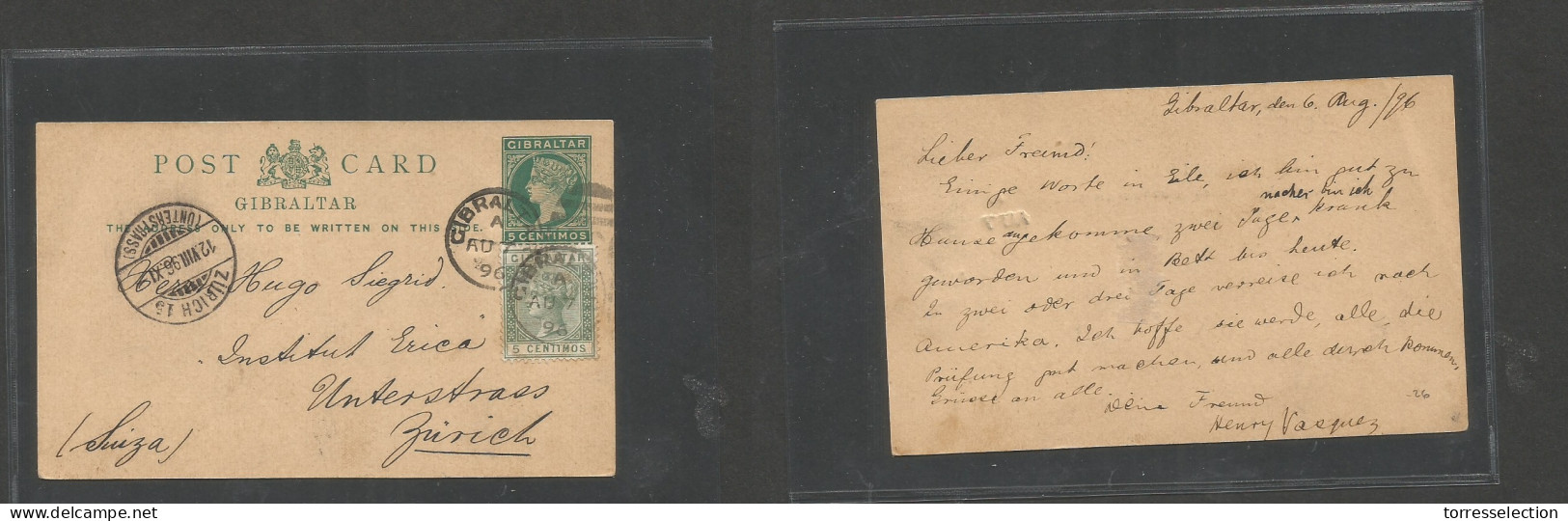 GIBRALTAR. 1896 (7 Aug) GPO - Switzerland, Zurich (12 Aug) 5 Centimos Green Spanish Currency Stationary Card + 5c Green  - Gibilterra