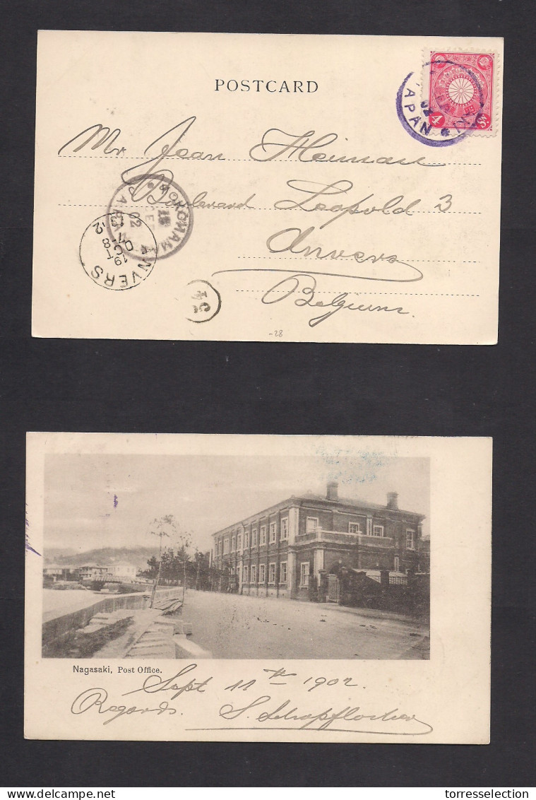 JAPAN. 1902 (11 Sept) Nagasaki - Belgium, Anvers (15 Oct) Single 4 Sen Red Fkd Ppc. Post Office Building. - Altri & Non Classificati