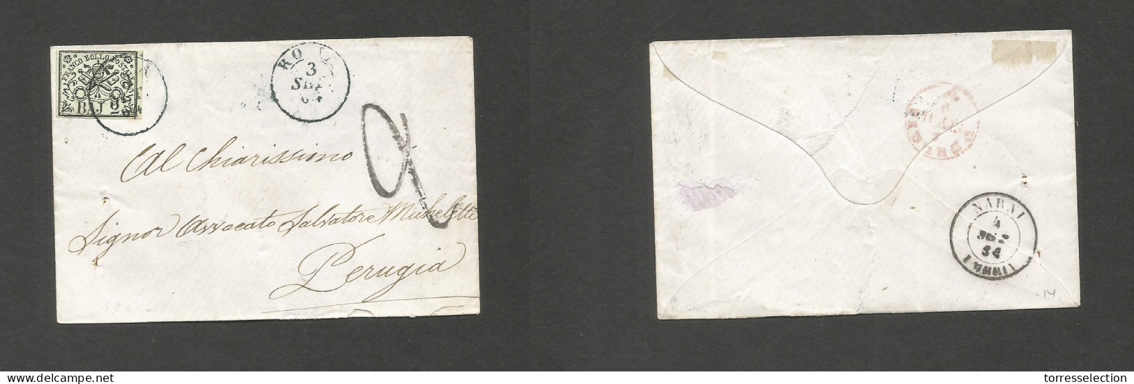 ITALY Papal States. 1864 (3 Sept) Roma - Perugia (4 Sept) Via Narni Envelope Fkd 2 Baj Green Imperf Cds. - Unclassified