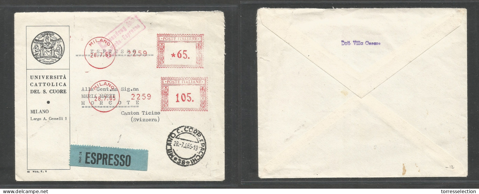 Italy - XX. 1965 (28 July) Milano - Switzerland, Morcote, Ticino. Express Multifkd Red Comercial Machine Fkd Env, Twice  - Unclassified