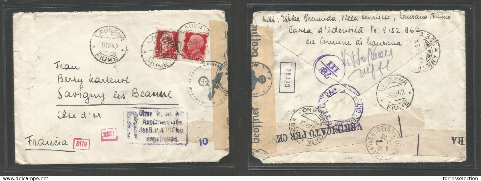 Italy - XX. 1942 (9 Dec) Laurana, Fiume - France, Savigny. Registered Censored WWII Multifkd Env, Front And Reverse. - Unclassified