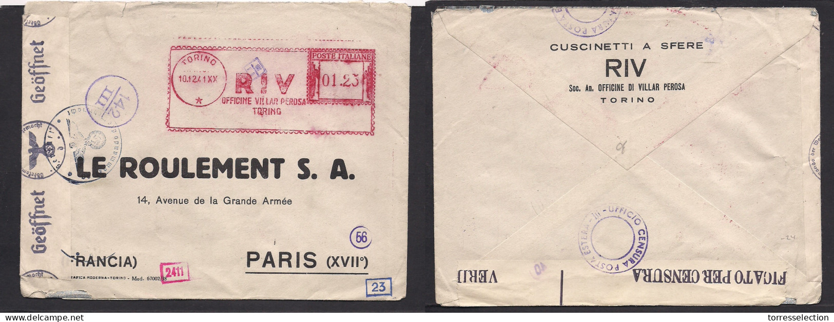 Italy - XX. 1941 (10 Dec) Torino - France, Paris. Comercial Machine Fkd Nazi Label Censored Envelope. RIV. VF. - Unclassified