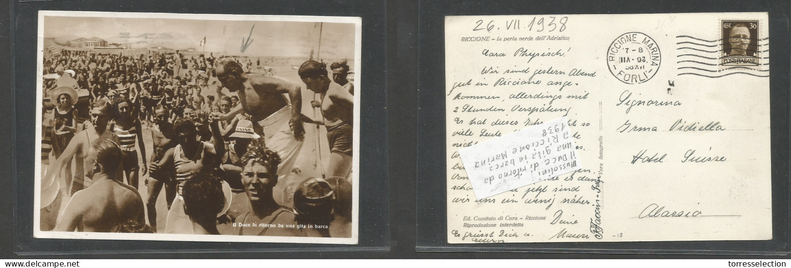 Italy - XX. 1938 (26 July) Riccione Marina - Alassia. Fkd Ppc Of Duce Taking A Swimm. Interesting. - Unclassified