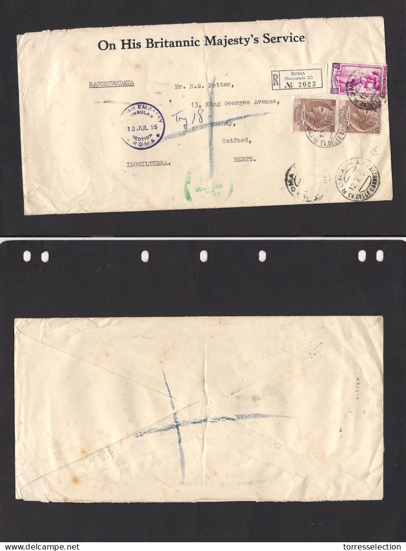 ITALY. Italy Cover 1955 Roma To UK Herts OHMBS R5egistr Mult Fkd Env British Consular Mail. Easy Deal. - Unclassified