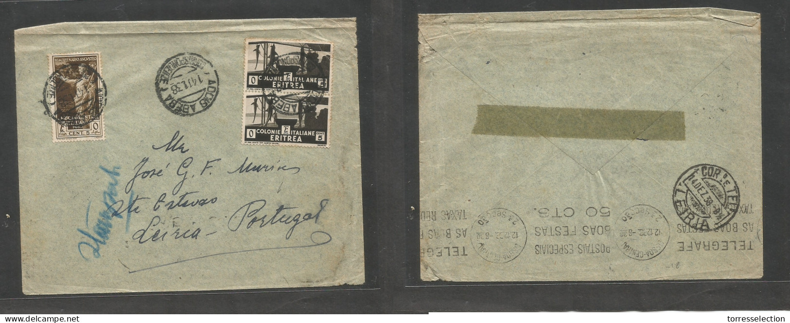 ITAL COL-ETHIOPIA. 1938 (14 Nov) Addis Abeba - Portugal, Leiria (14 Dec) Air Multifkd Env, Mixed Cols + Mixed Currencies - Unclassified