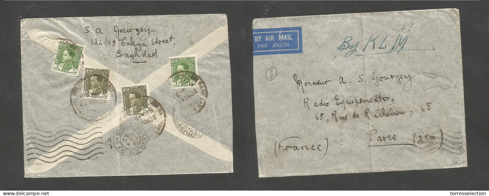 IRAQ. 1937 (30 March) Baghdad - France, Paris Via KLM. Reverse Multifkd Env At 66 Fils Rate, Tied Cds Via Paris (2 April - Irak
