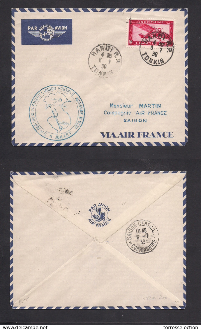 INDOCHINA. 1938 (6 July) Hanoi - Saigon. First Airmail Flight. Fkd Env + Air Special Cachet. - Andere-Azië