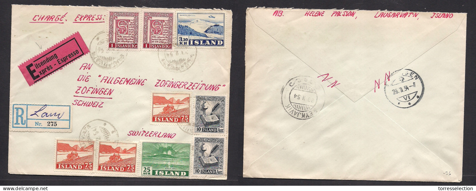 ICELAND. 1954 (23 Feb) Laugarvatn - Switzerland, Zofingen (25 Febr) Registered Express Air Multifkd Env. - Otros & Sin Clasificación