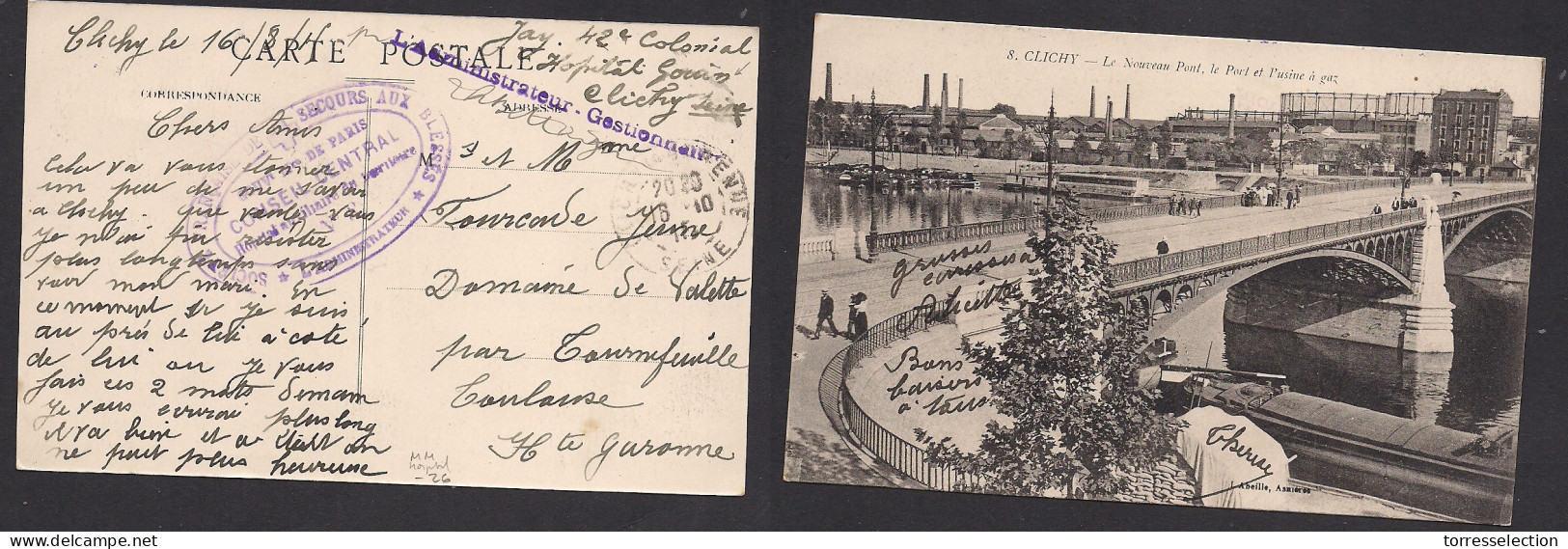 MILITARY MAIL. 1915 (16 Aug) WWI, Clichy - Toulouse. Military Hospital Cachet. FM Hostpital Gouin. VF,. - Poste Militaire (PM)