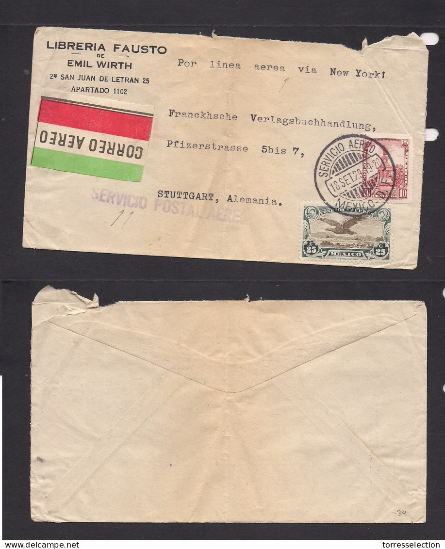 Mexico - XX. 1929 (18 Sept) DF - Germany, Stuttgart Via NY. Air Comercial Fkd Env. - Messico