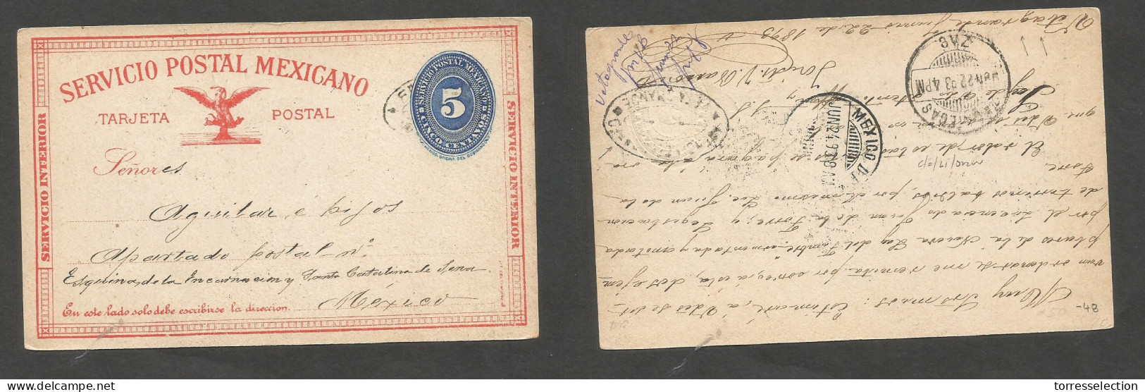 MEXICO - Stationery. 1893 (22 June) Vetagrande - DF (24 June) Local 5c Blue / Red SPM Stat Card, With Fine Oval Ds On Re - Mexique
