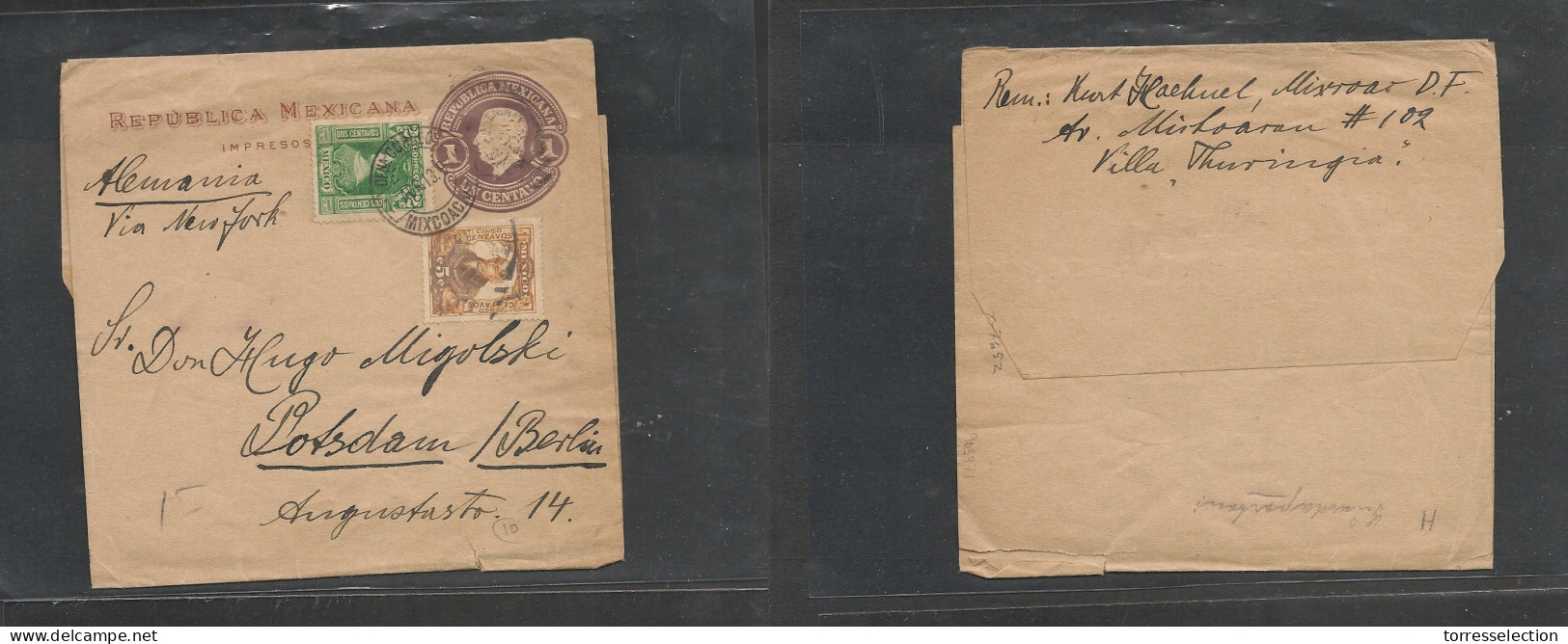 MEXICO. Mexico Cover - 1913 Stat Wcomplete Wrapper Mixcoac To Berlin Germany 1c Stat+ Two Adtls, Vf - Mexico