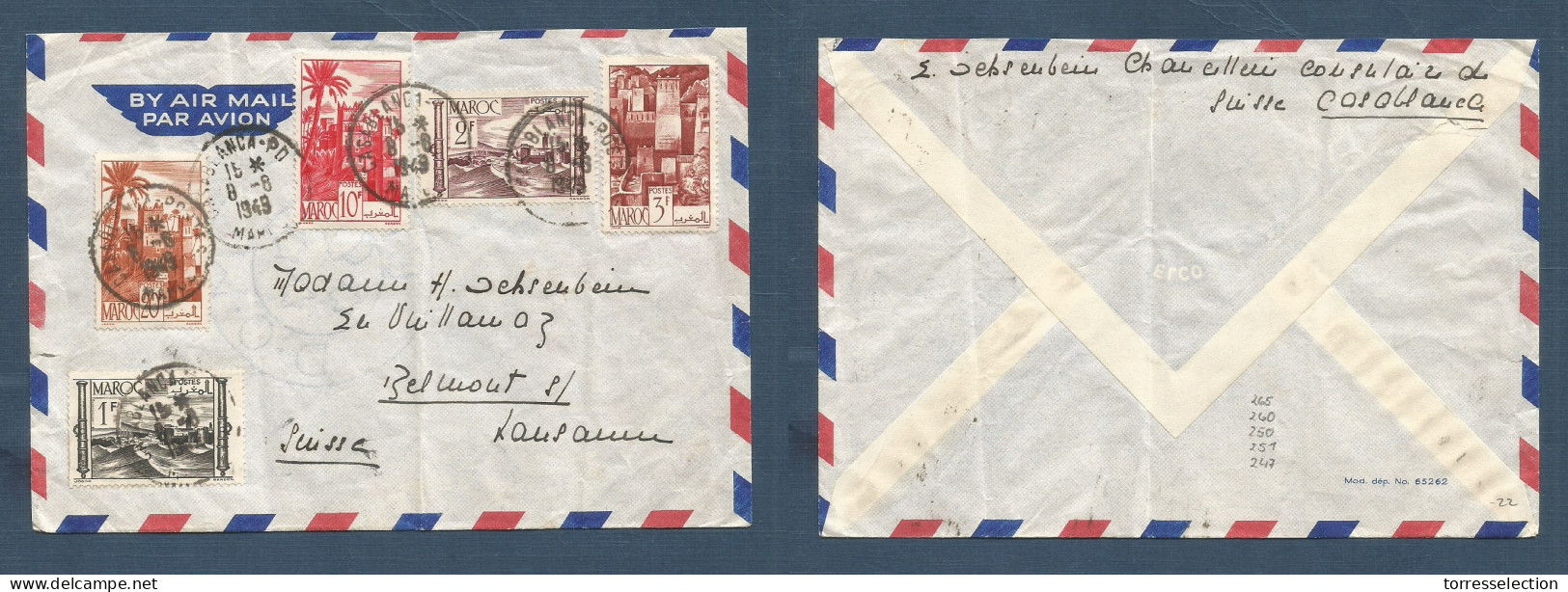 MARRUECOS - French. 1949 (8 Aug) Casablanca - Switzerland, Belmont. Air Multifkd Envelope At 36fr Rate, Tied Cds. Fine M - Maroc (1956-...)