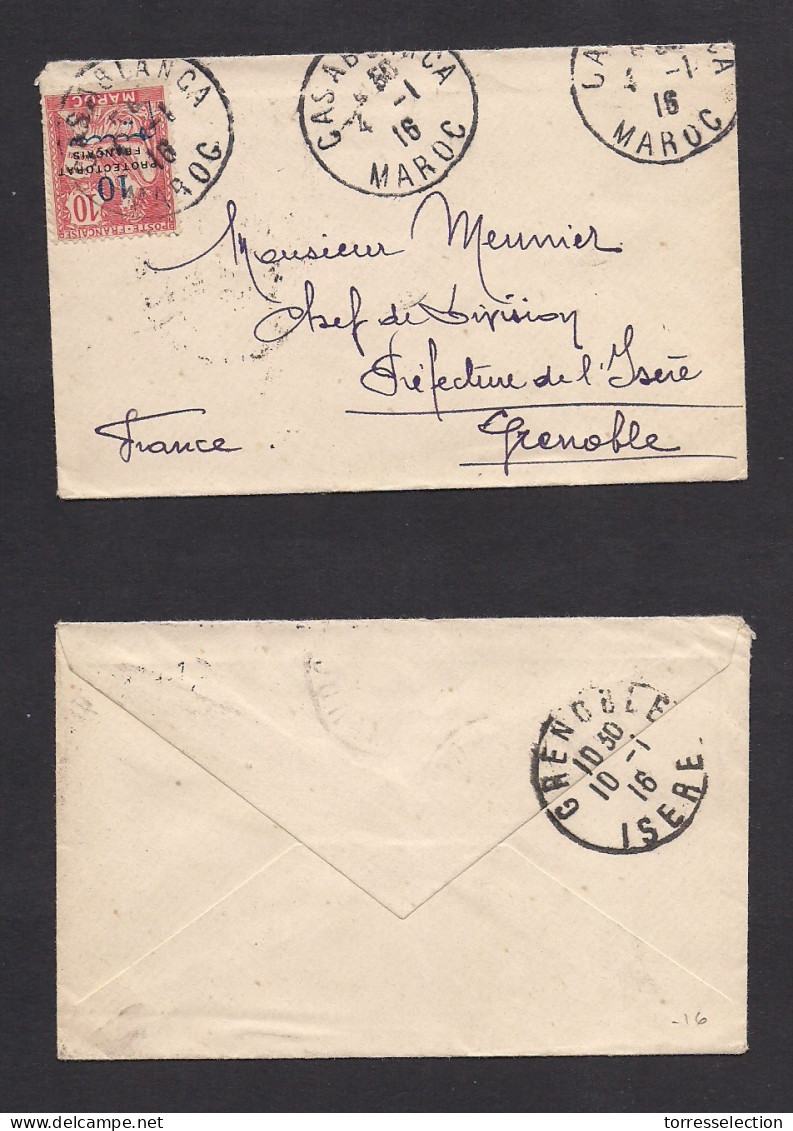 MARRUECOS - French. 1916 (4 Jan) Casablanca - France, Grenilla (10 Jan) Ovptd Issue 10c Fkd Small Envelope, Tied Cds. - Maroc (1956-...)