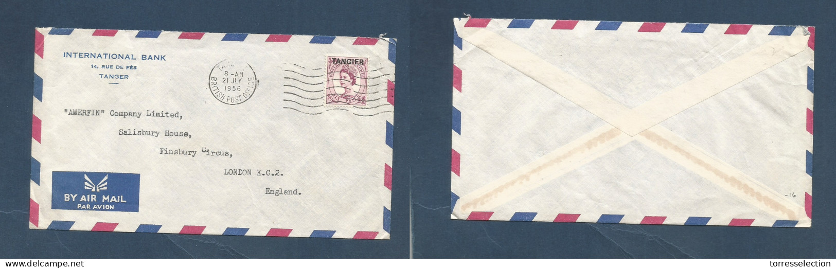 MARRUECOS - British. 1956 (21 July) Tanger - London, UK. Air 6d QEII Ovptd Issue Fkd Envelope Rolling Cachet. Fine. - Morocco (1956-...)