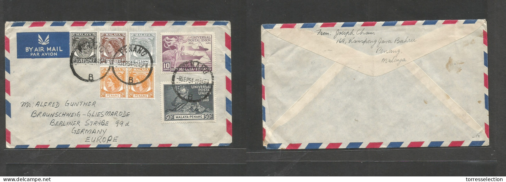 MALAYSIA. 1954 (8 Sept) Penang - Germany, Berlin. Air Multifkd Mixed Issues Envelope, Cds At 75c Rate. VF. - Malesia (1964-...)