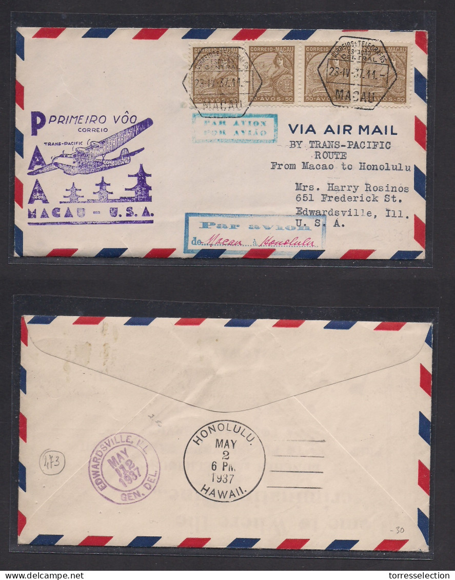 MACAU. 1937 (28 April) GPO - USA, Edwardsville, Ill. First Flight, Special Cachet + Aux + Arrival. Via Hawai (May 21 Mac - Otros & Sin Clasificación