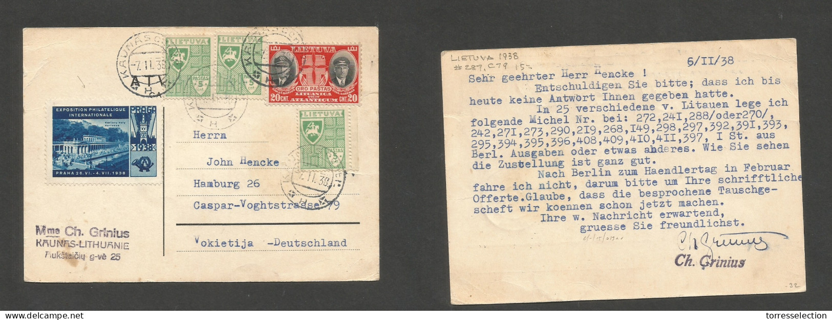 LITHUANIA. 1939 (7 Febr) Kaunas - Germany, Vokietija. Private Multifkd Commemorative Card, Incl Prague Expo. - Litauen