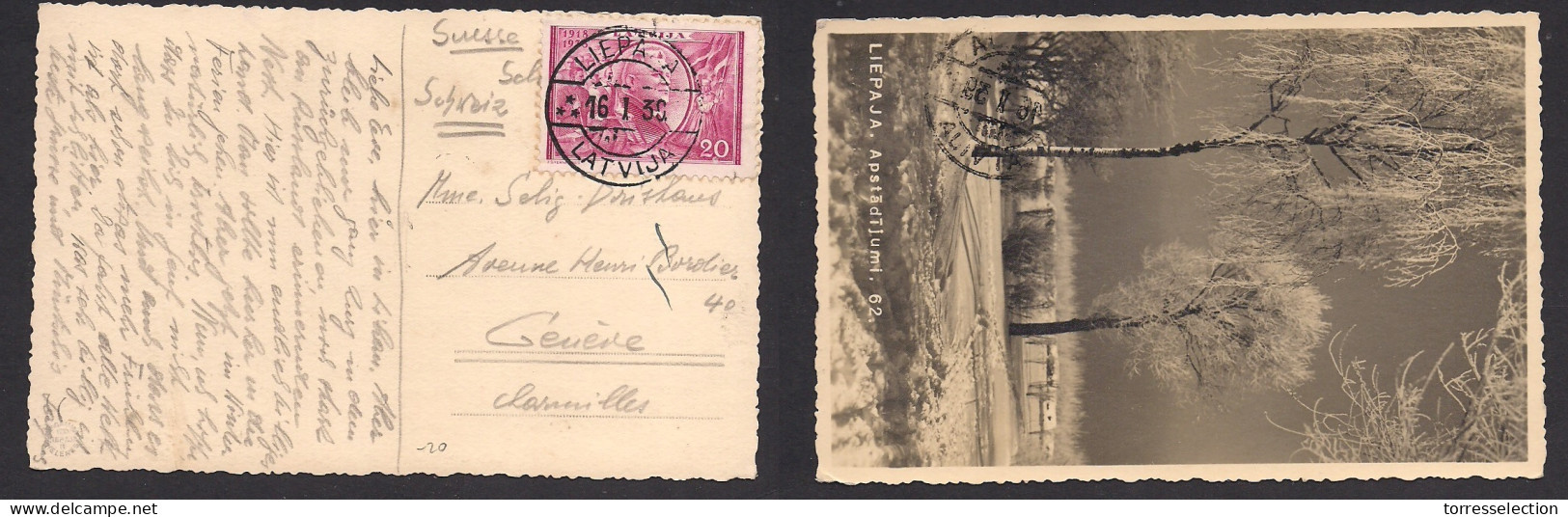 LATVIA. 1939 (16 Jan) Liepaja - Switzerland, Geneve. Single 20c Violet Fkd Ppc. Fine. - Letland