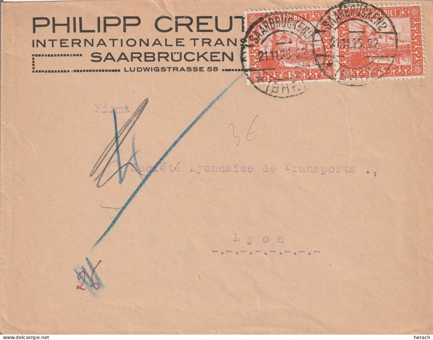 Sarre Lettre Saarbrücken Pour La France 1925 - Briefe U. Dokumente