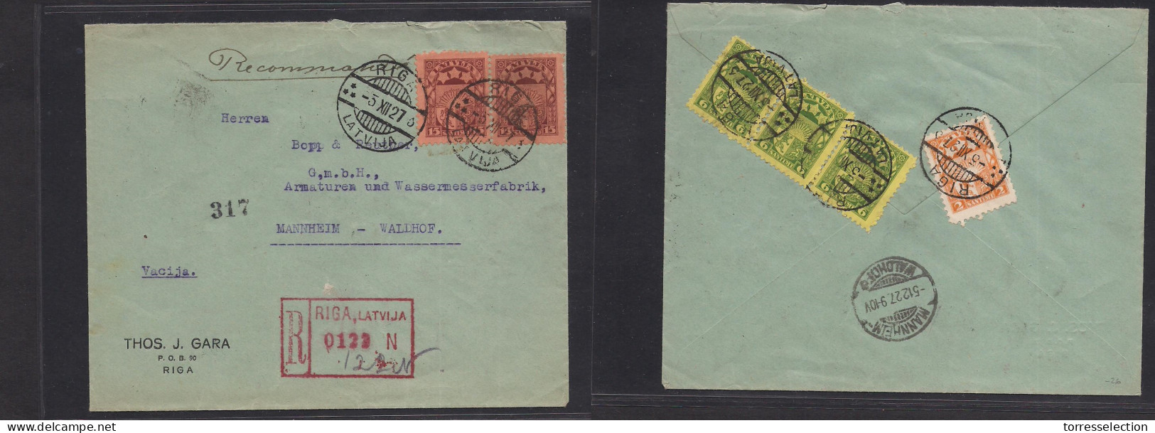 LATVIA. 1927 (3 Dec) Riga - Germany, Mannheim (5 Dec) Registered Front + Reverse Envelope. VF. - Lettland