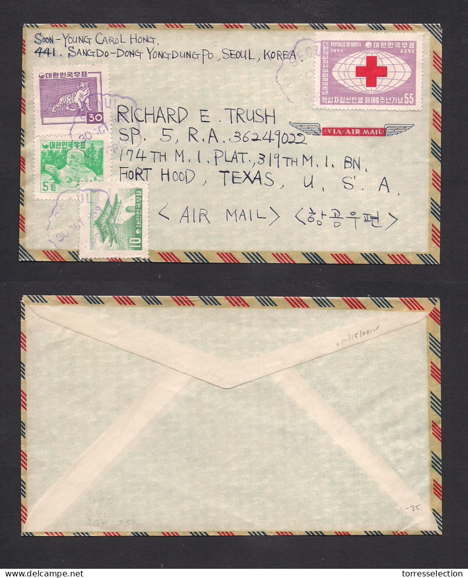 KOREA. 1959 (30 Oct) Seoul - USA, Texas, Fort Hood. Air Multifkd Env + Red Cross Issue. - Korea (...-1945)