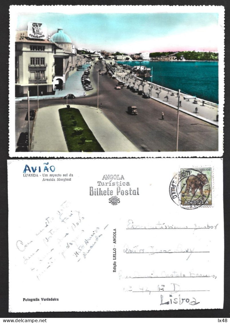 Postal Luanda Avenida Marginal, Edificio CUF, 1957 Leão.Postcard Luanda Avenida Marginal, CUF Building, Stamp Lion. Raro - Angola