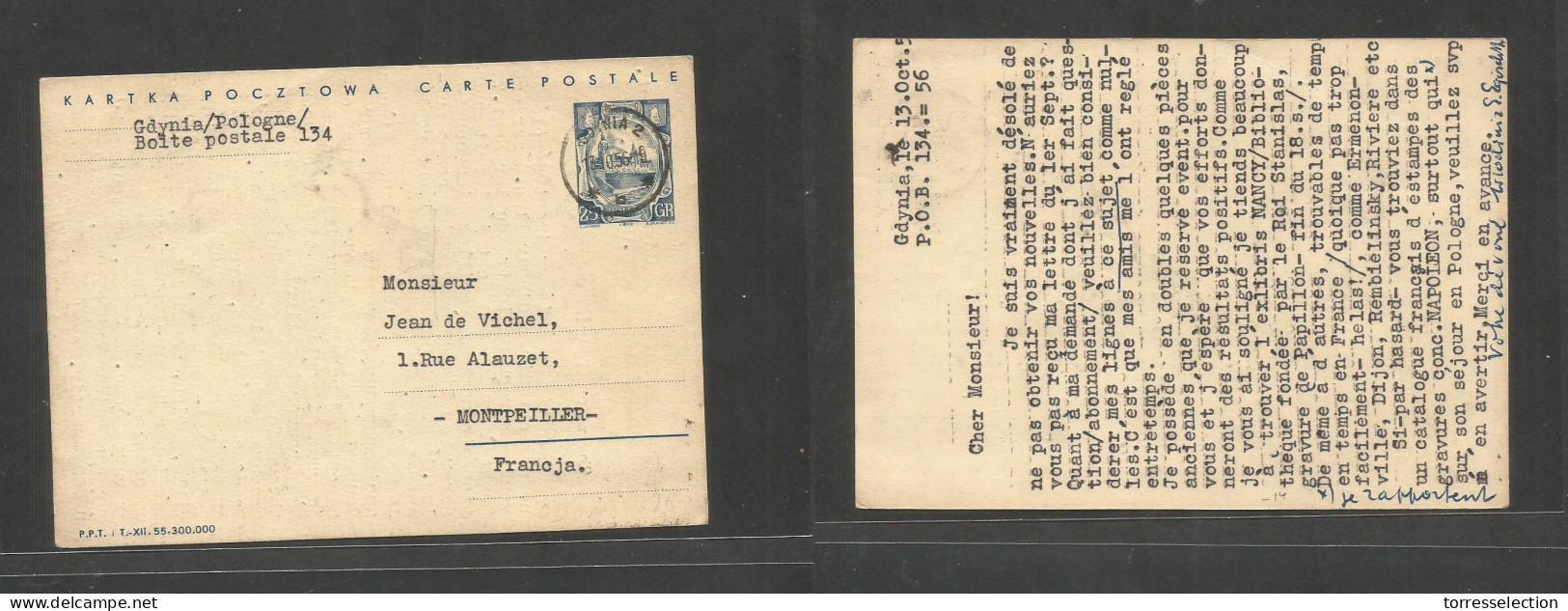 POLAND. 1956 (13 Oct) Golynia - France, Montpellier. 25gr Blue Stat Card, Small Cds. Fine. - Autres & Non Classés