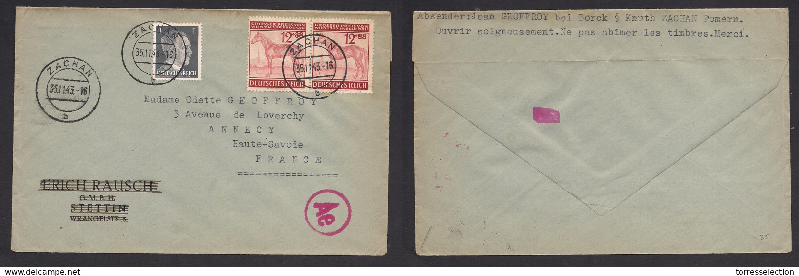 POLAND. 1943 (25 Jan) Zachan West Pomern (Suchan) - France, Annecy (Vichy) Multifkd Envelope Comm Horse Stamp. French At - Autres & Non Classés