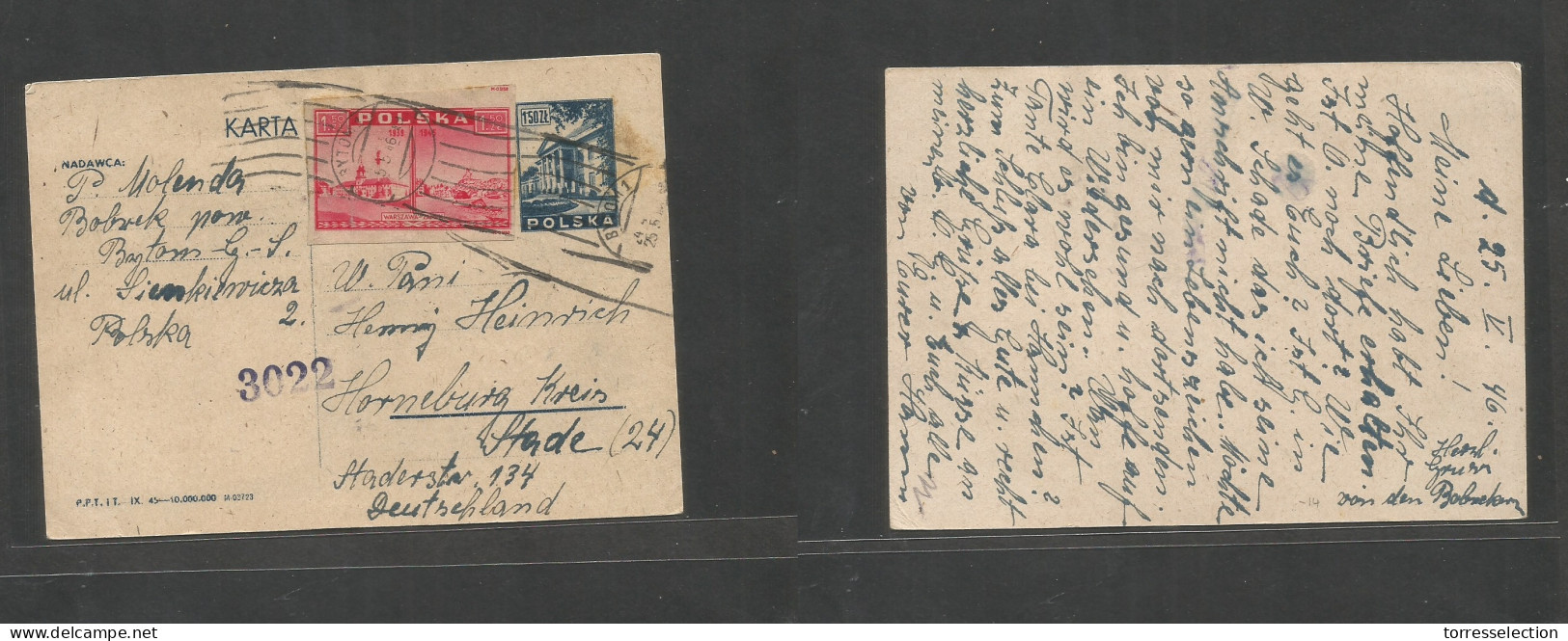 POLAND. 1946 (25 May) Bytom 1 - Germany, Hamburg. 1,50 Slzt Blue Stat Card + 1,50s Red Adtl Imperf, Tied Rolling Cachet. - Autres & Non Classés