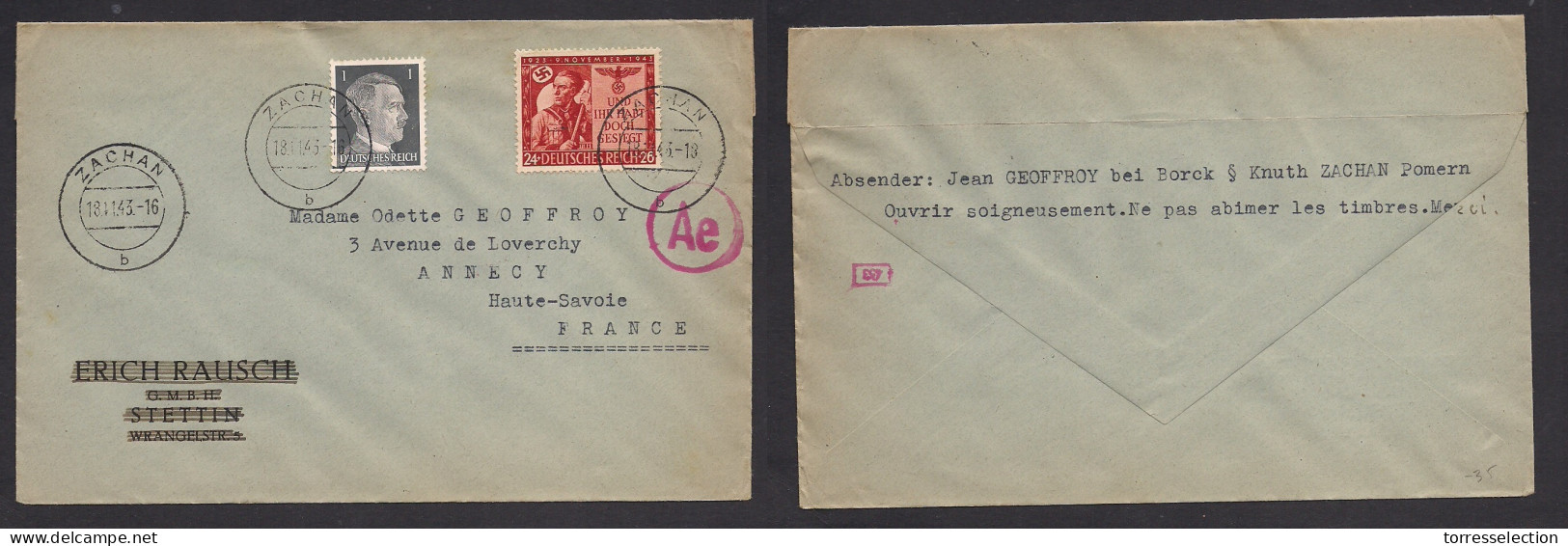 POLAND. 1943 (18 Nov) Zachan, Est Pomern (Suchan) - France, Annecy. Comm Germany Multifkd Envelope French Citizen. Censo - Autres & Non Classés