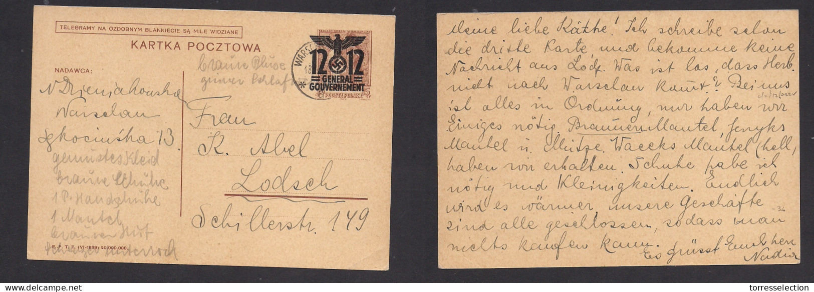 POLAND. 1940-1 (18 May) Warsaw - Lodsch. 15s Brown Nazi Occup 12q Stat Card. Fine. - Autres & Non Classés