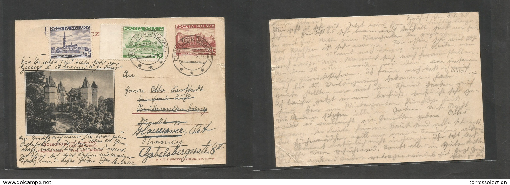 POLAND. 1938 (1 Aug) Dubielno K Chelmzy - Hannover, Germany 15gr Red Castle Illust Stat Card + 2 Adtls, Tied Cds. Fine. - Autres & Non Classés