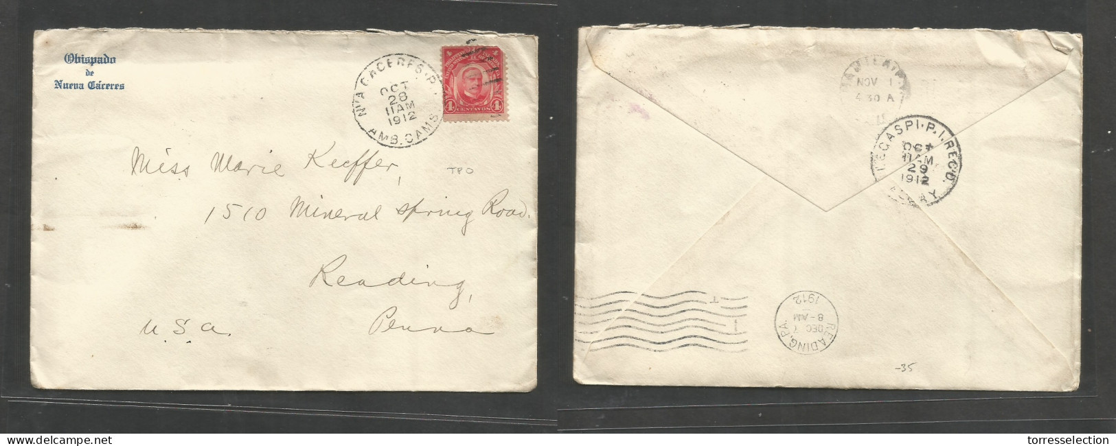 PHILIPPINES. 1912 (Oct 28) Nueva Caceres, Aub Cams - USA, Reading, PA (Dec 7) Obispado Fkd Envelope, TPO Cds. Reverse Tr - Philippines