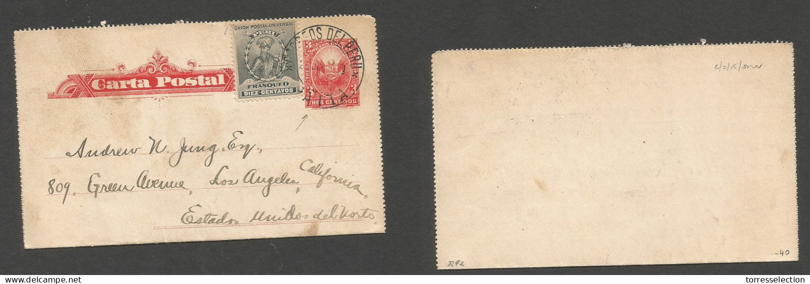 PERU. 1907 (17 July) Payta - USA, LA. 3c Red Stat Lettersheet + Adtl, Tied Cds. Fine. - Perú