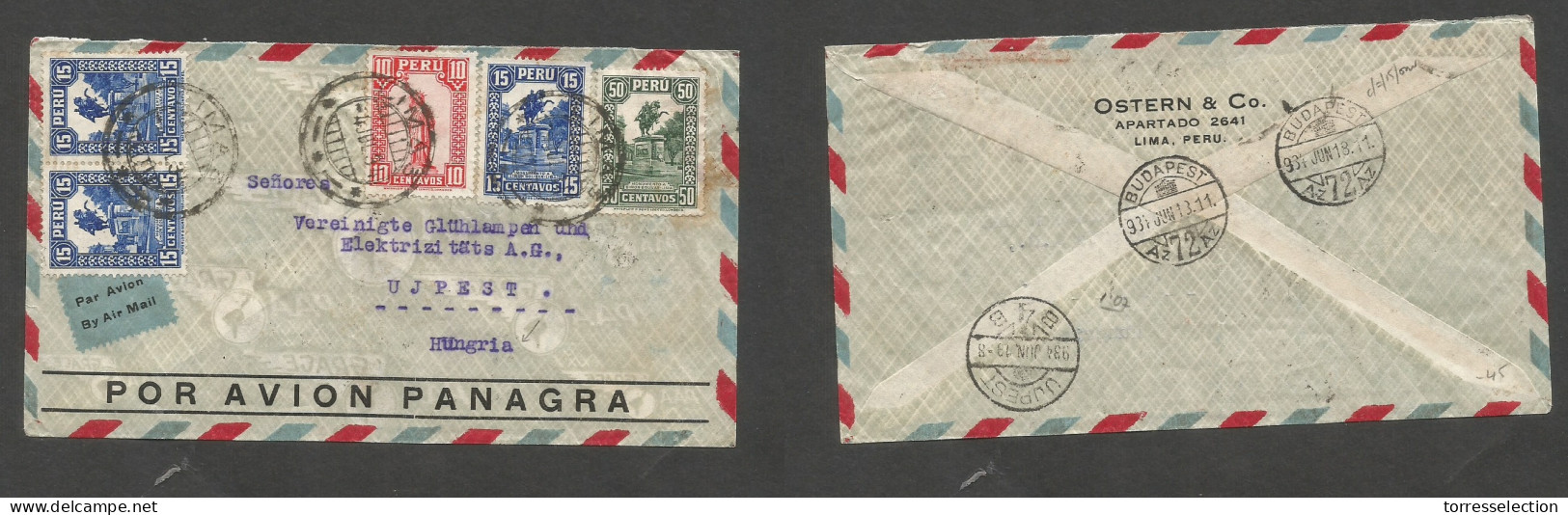 PERU. 1934 (4 June) Lima - Hungary, Ujpest (13 June) Air Multifkd Env, At 1,05 Ps Rate. VF + Air Label. - Pérou
