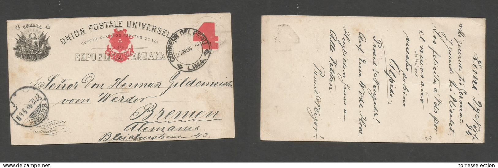 PERU. 1894 (27 Nov) Lima - Germany, Bremen (27 Dic) 4c Red / Black Stat Card, Tied Cds. Fine. - Perú