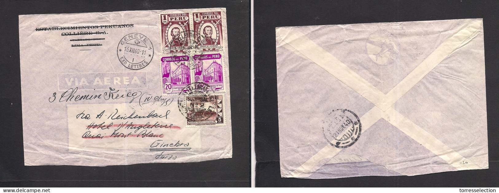 PERU. 1940. Lima Suc 2 - Switzerland, Geneva (16 Dec) Air Multifkd Envelope, Fwded 2,45 Soles Rate. - Perú