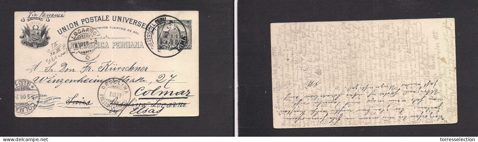 PERU. 1908 (31 Jan) Lima - Colmar, Switzerland (7 March) 4c Black Stat Card. Fine Used Via Panama. - Peru