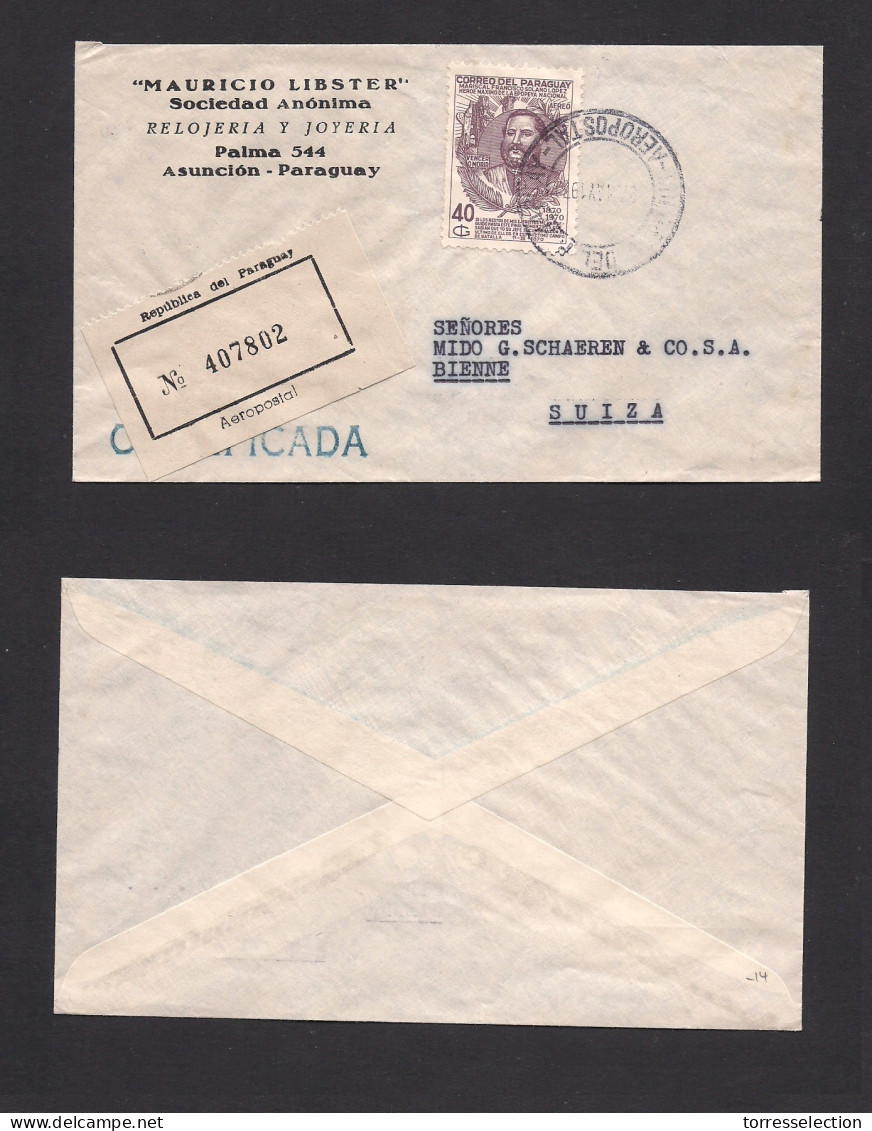 PARAGUAY. 1970 (27 May) Asuncion - Switzerland, Bienna. Registered Single 40c Fkd Envelope. VF. - Paraguay
