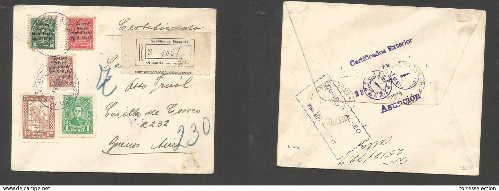PARAGUAY. 1929 (27 Sept) Asuncion - Argentina, Buenos Aires. Registered Multifkd Env Incl Ovptd Air Issue Reverse Transi - Paraguay